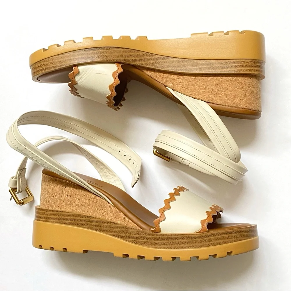 SEE BY CHLOE ROBIN BROWN TAN WHITE ANKLE WRAP BICOLOR PLATFORM WEDGE SANDALS - Picture 5 of 14